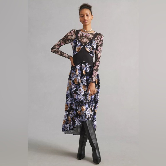 Anthropologie Two Piece Set: Floral Maxi Dress & Mesh Long Sleeve Top - Picture 3 of 15